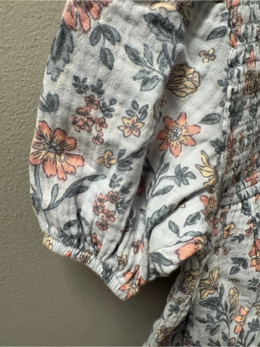 Gerber White Floral Smocked Puff Sleeve Dress with Pink and Gray Flowers